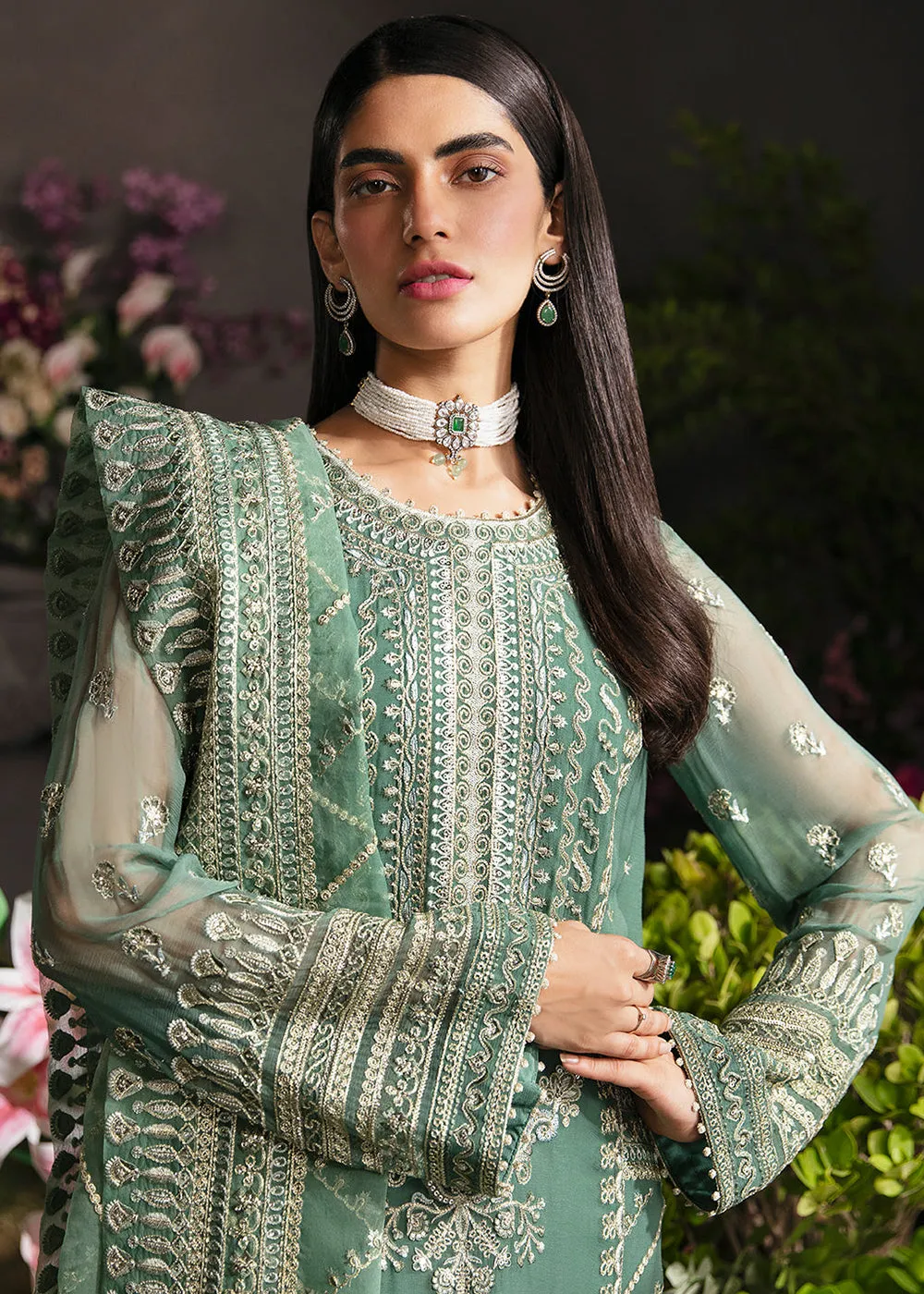 Green Pakistani Palazzo Suit - Afrozeh La Fuchsia Formals '23 - Sea Mist