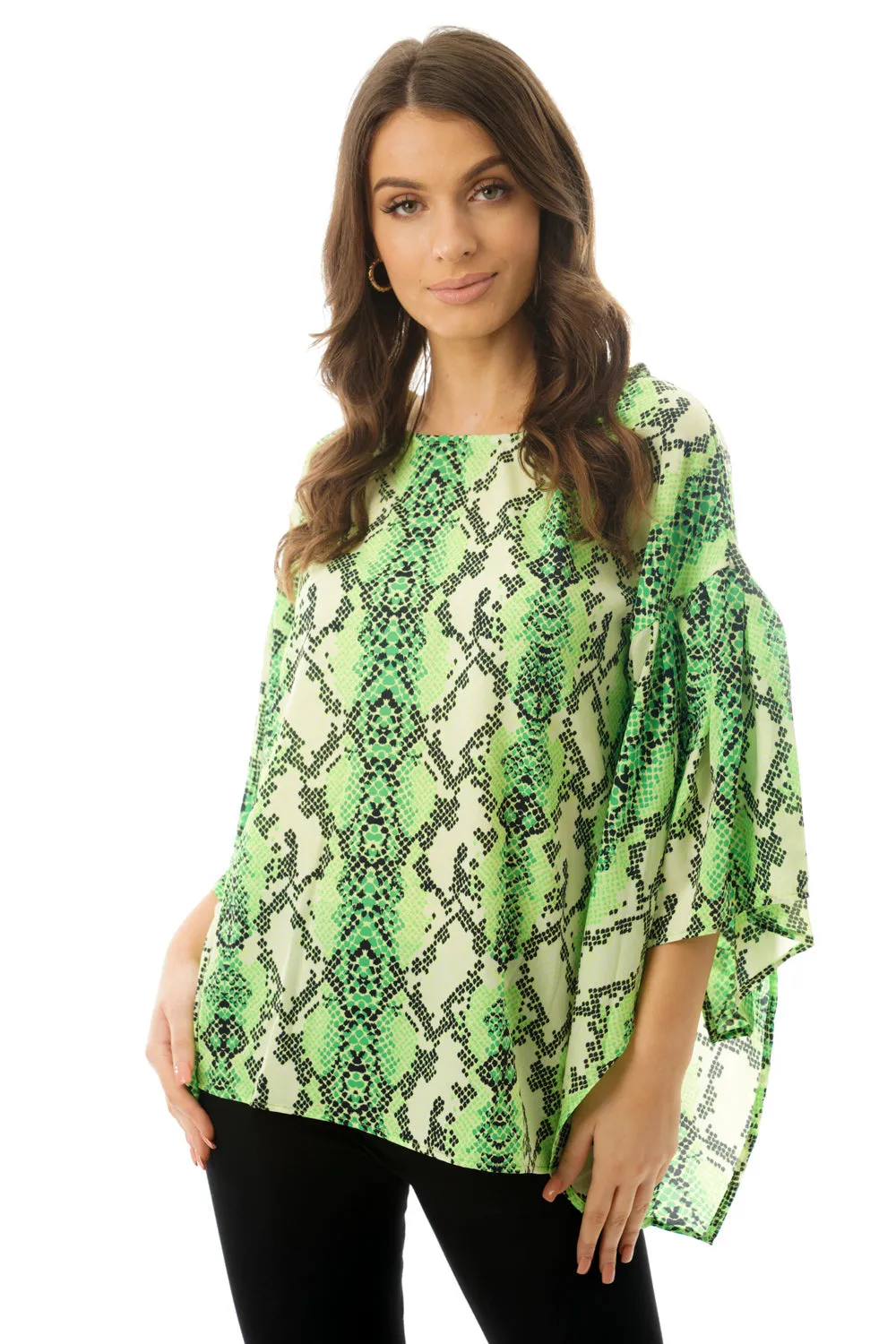 Green Snake Skin Printed Chiffon Floaty Sleeve Top