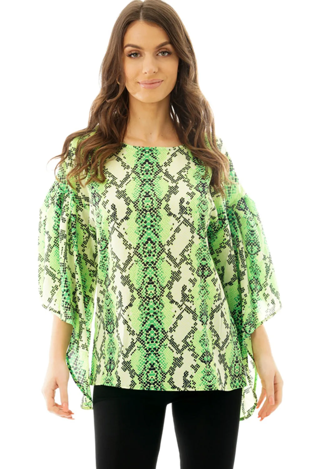 Green Snake Skin Printed Chiffon Floaty Sleeve Top