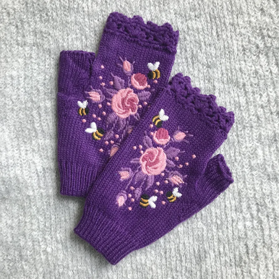 Hand Embroidered Gloves Women's Knitted Gloves Flower Gloves