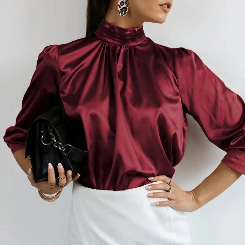 High Collar Tunic Silk Satin Blouse