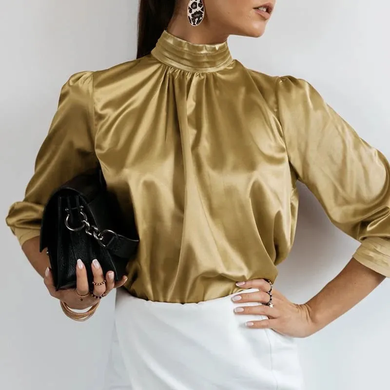 High Collar Tunic Silk Satin Blouse