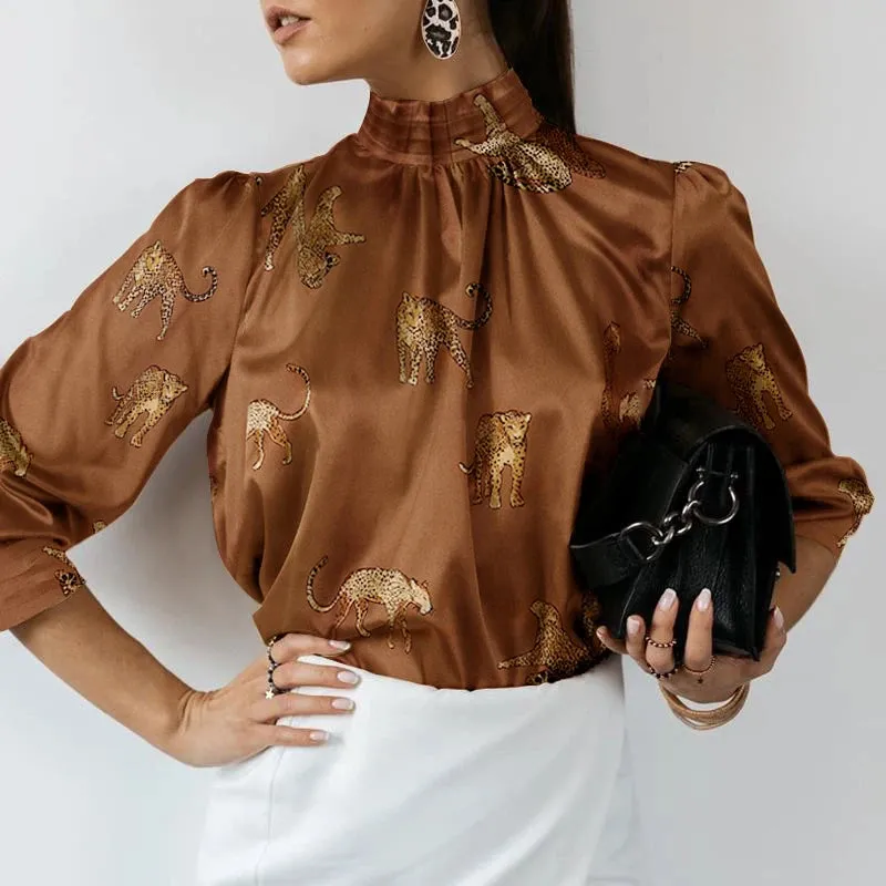 High Collar Tunic Silk Satin Blouse