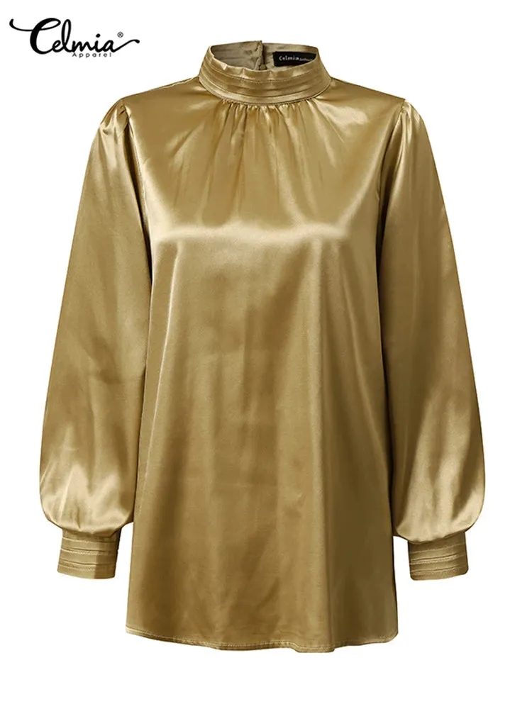 High Collar Tunic Silk Satin Blouse