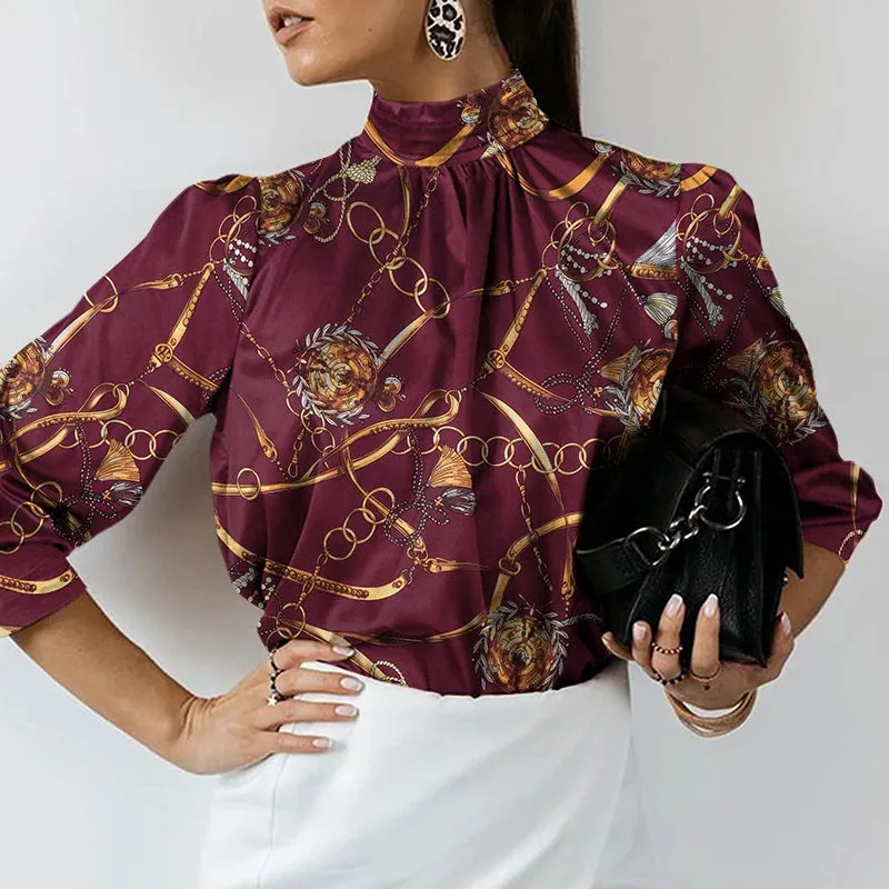 High Collar Tunic Silk Satin Blouse