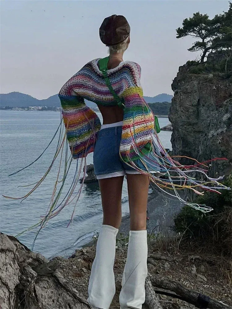 Holiday Rainbow Loose Crop Sexy Fashion Tassels Sweater