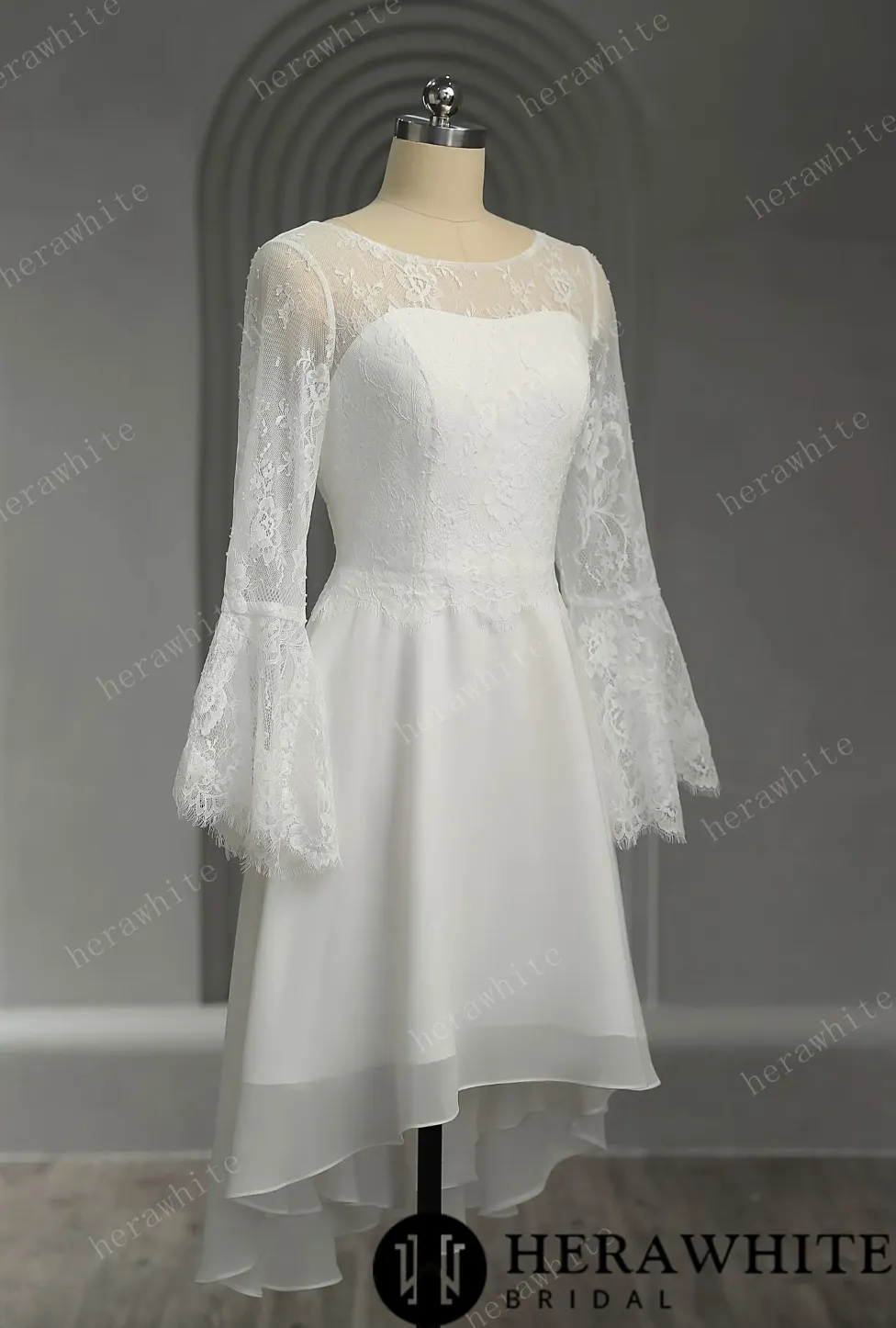 Illusion Trumpet Long Sleeve Chiffon Short Wedding Dress