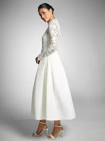 Ivory A-Line Calf Length Turtleneck Long Sleeves Wedding Dress Modern Princess White Vestido De Novia Mermaid Satin  Bow Satin Court Train Sleeves Bridal Gowns