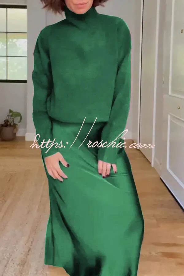 Jaelyn Solid Color Turtleneck Long Sleeve Sweater and Satin Elastic Waist Maxi Skirt Set