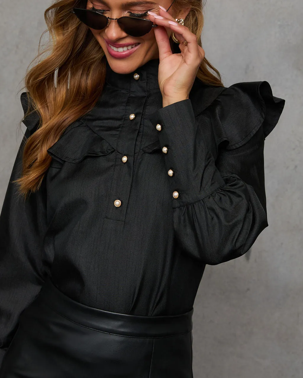 Jaylan Turtleneck Ruffle Shoulder Blouse