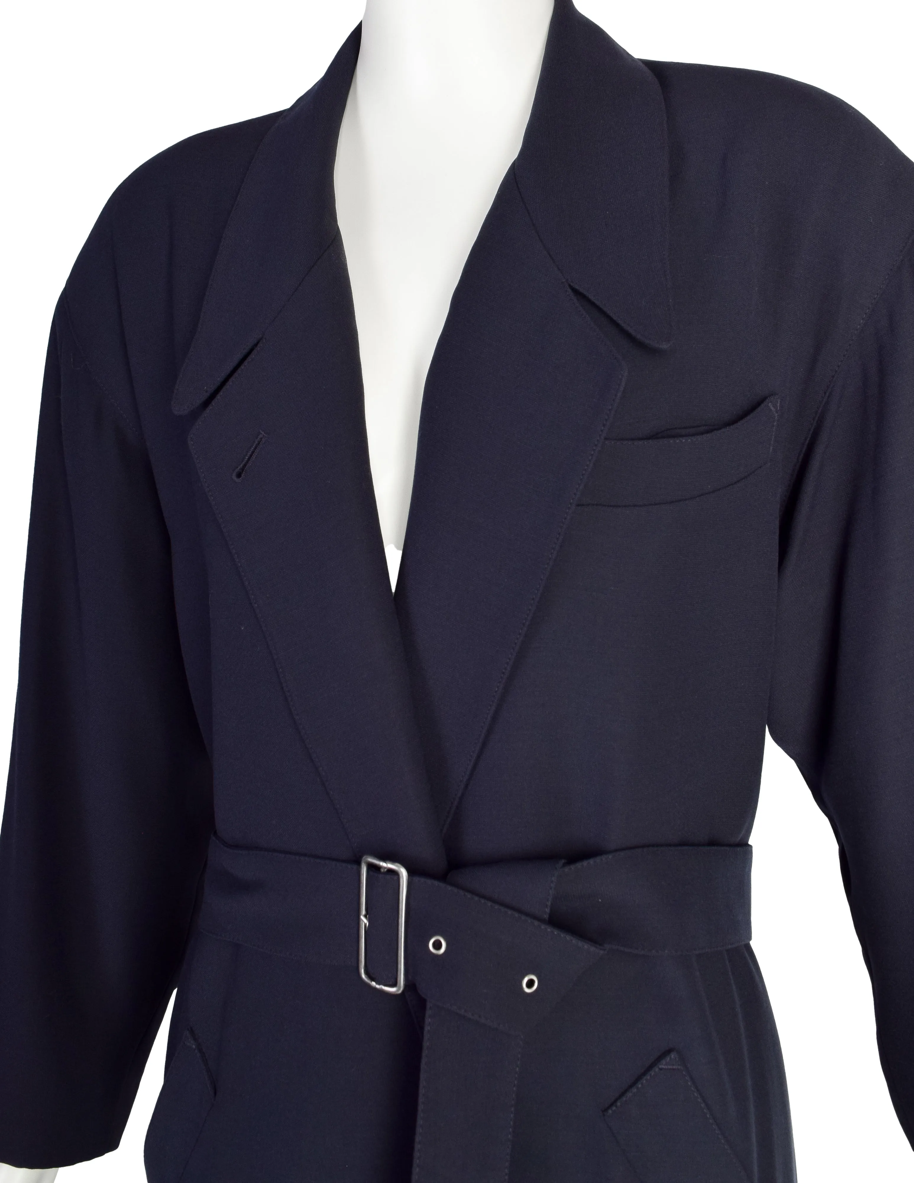 Jean Paul Gaultier Vintage Early 1980s Dark Blue Wool Gabardine Belted Trench Coat