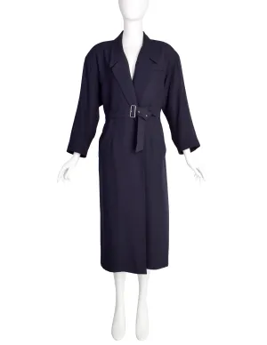 Jean Paul Gaultier Vintage Early 1980s Dark Blue Wool Gabardine Belted Trench Coat