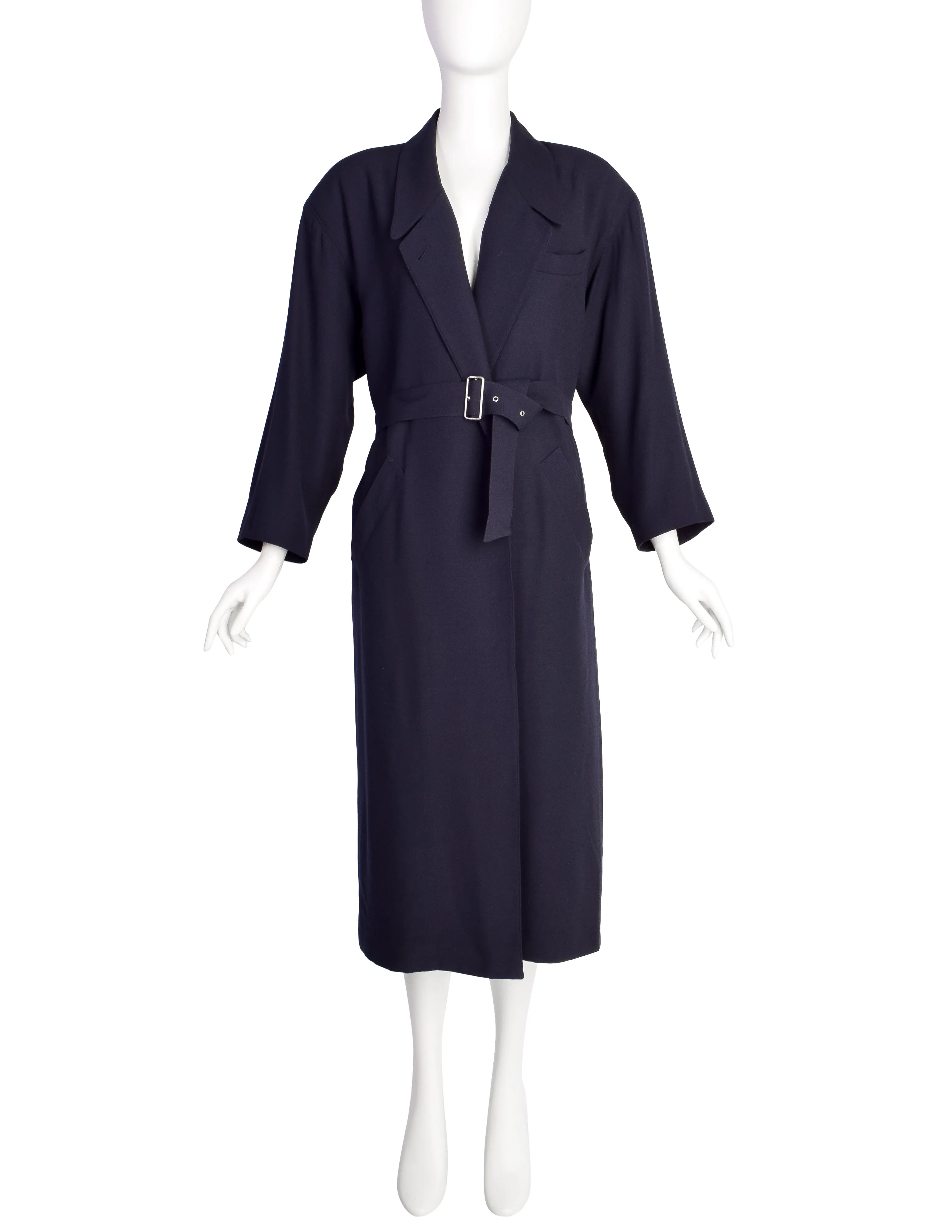 Jean Paul Gaultier Vintage Early 1980s Dark Blue Wool Gabardine Belted Trench Coat