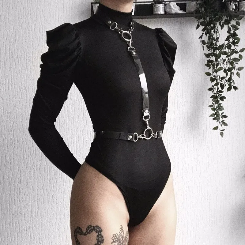 Joskaa InstaHot Black Sexy Bodysuit Slim Puff Sleeve Turtleneck Long Sleeve Autumn Playsuit Party Club Casual Satin Bodysuit Streetwear