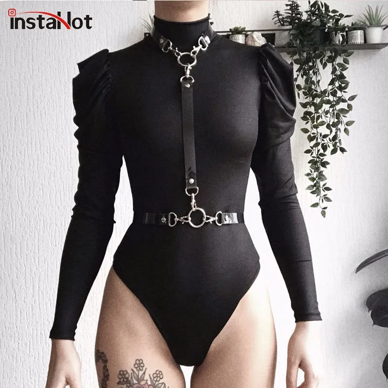 Joskaa InstaHot Black Sexy Bodysuit Slim Puff Sleeve Turtleneck Long Sleeve Autumn Playsuit Party Club Casual Satin Bodysuit Streetwear