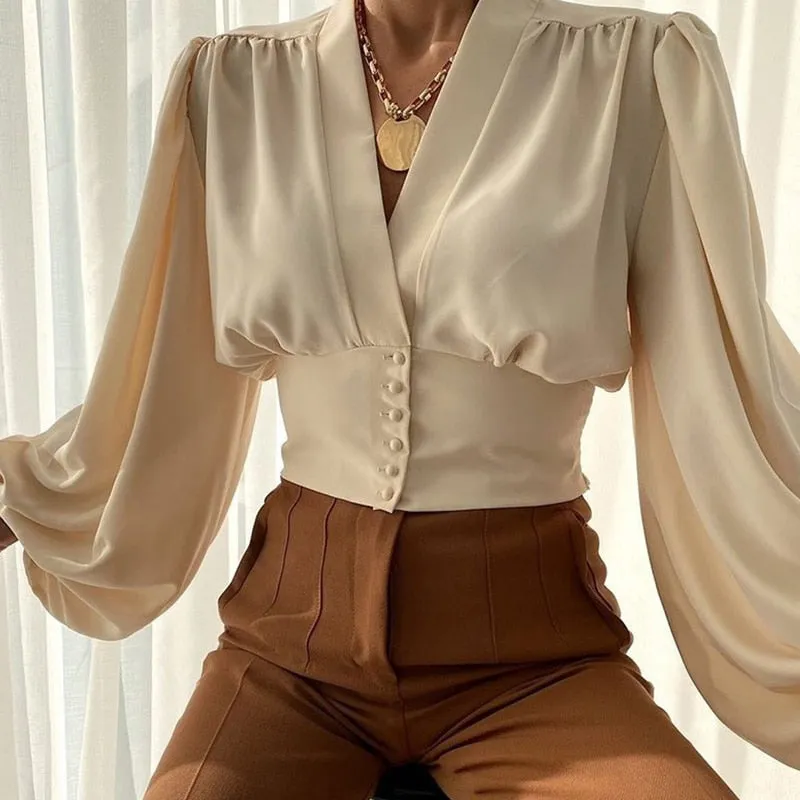 Joskaa Summer Turtleneck Satin Silk Women Blouse Sexy Hollow Out Backless Shirt Blouse Elegant Spirng Long Sleeve Pleated Tops Blusa XL