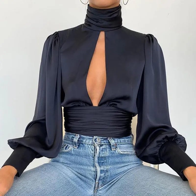 Joskaa Summer Turtleneck Satin Silk Women Blouse Sexy Hollow Out Backless Shirt Blouse Elegant Spirng Long Sleeve Pleated Tops Blusa XL