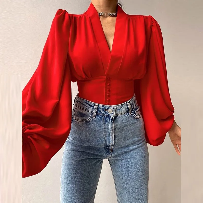 Joskaa Summer Turtleneck Satin Silk Women Blouse Sexy Hollow Out Backless Shirt Blouse Elegant Spirng Long Sleeve Pleated Tops Blusa XL