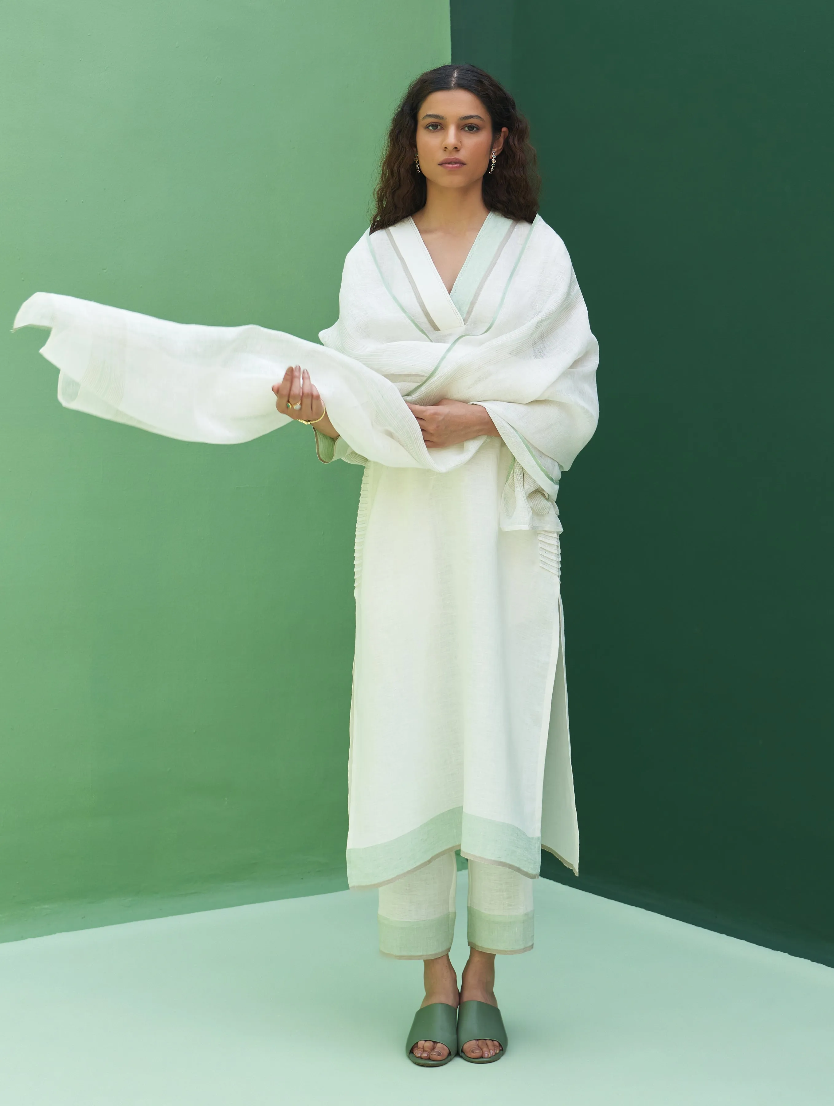 June Border Linen Kurta Set - Ivory