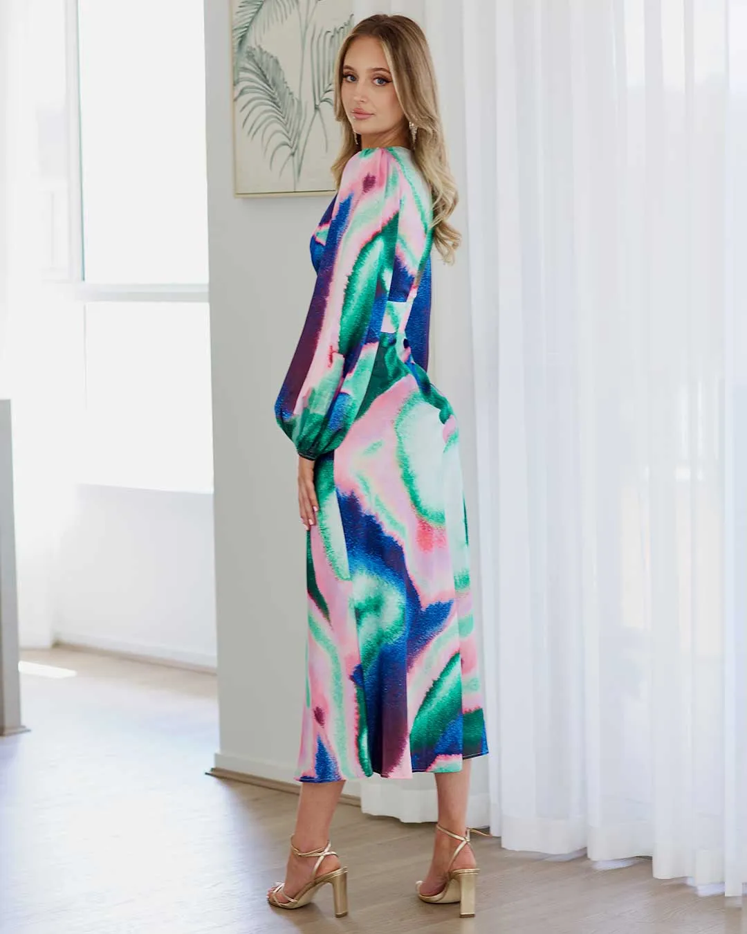 Kai Satin Maxi Dress - Blue/Pink Print