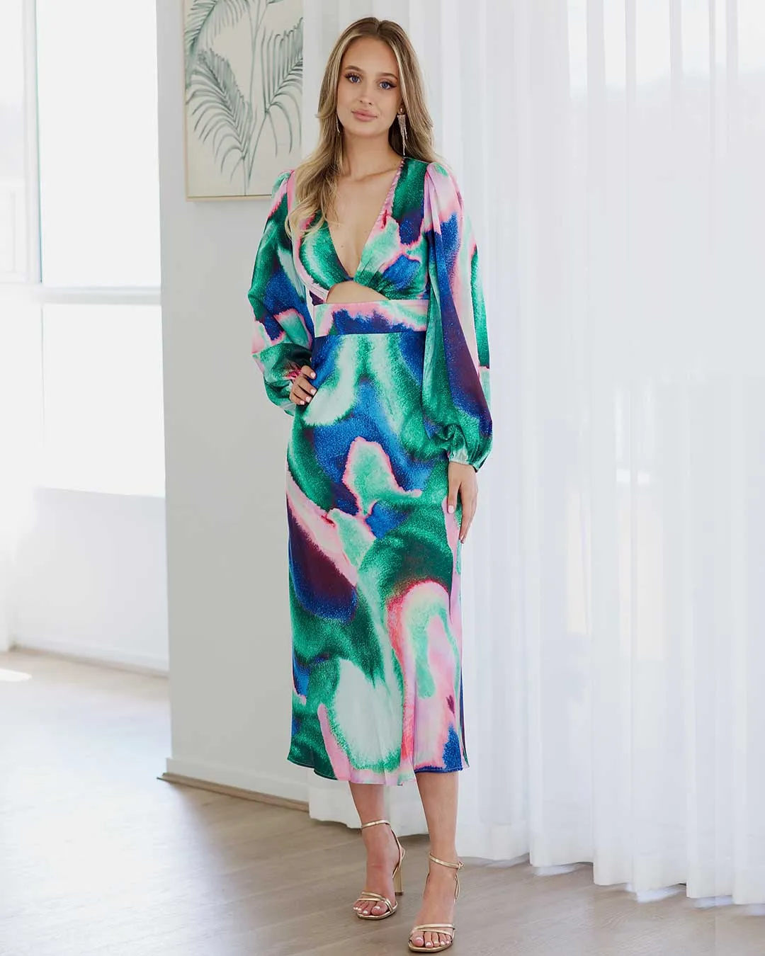 Kai Satin Maxi Dress - Blue/Pink Print