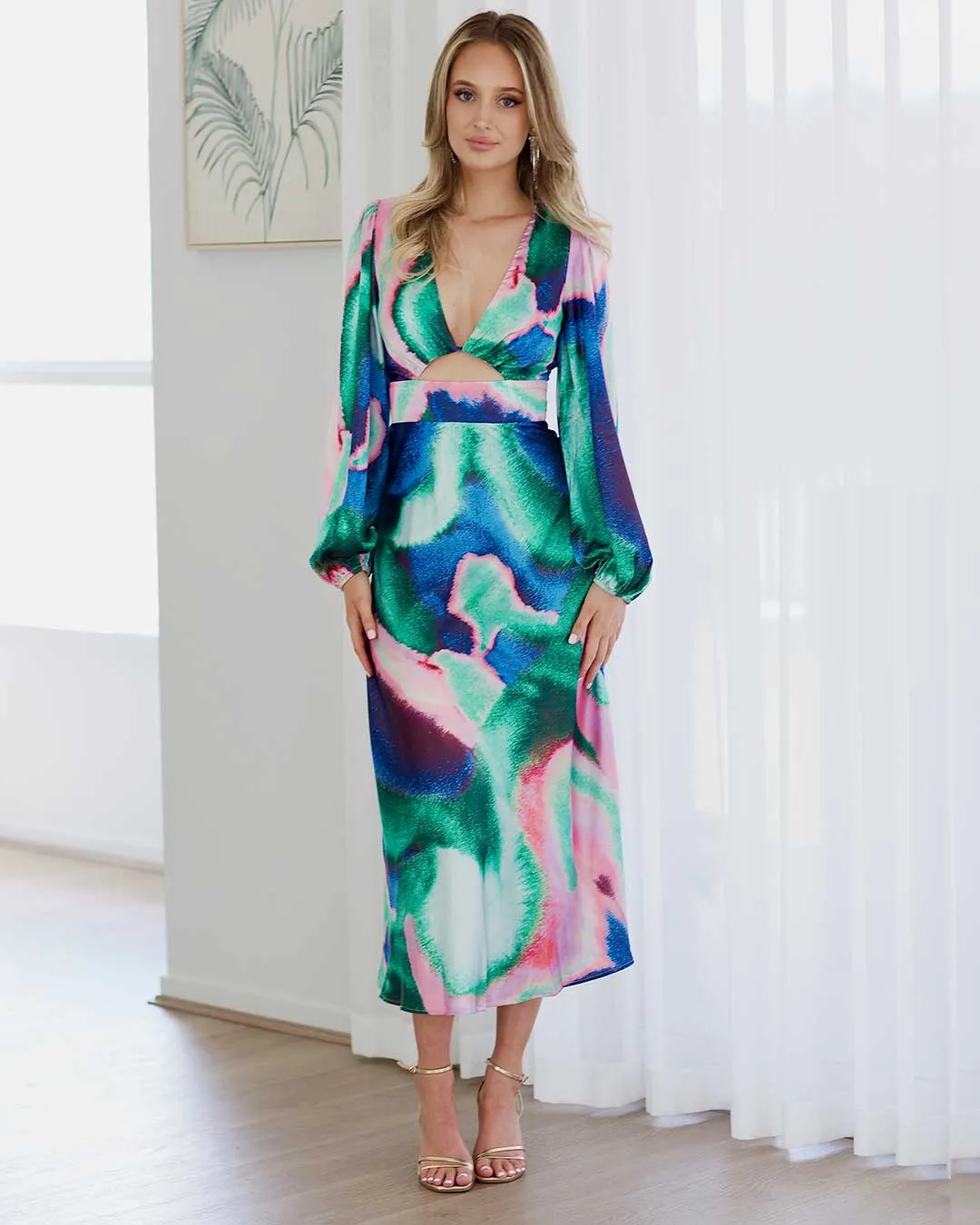 Kai Satin Maxi Dress - Blue/Pink Print