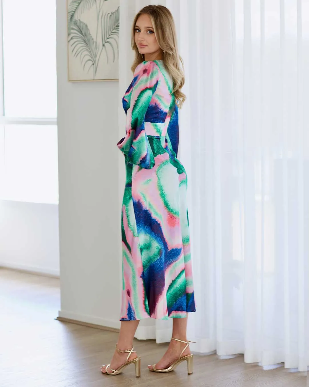 Kai Satin Maxi Dress - Blue/Pink Print