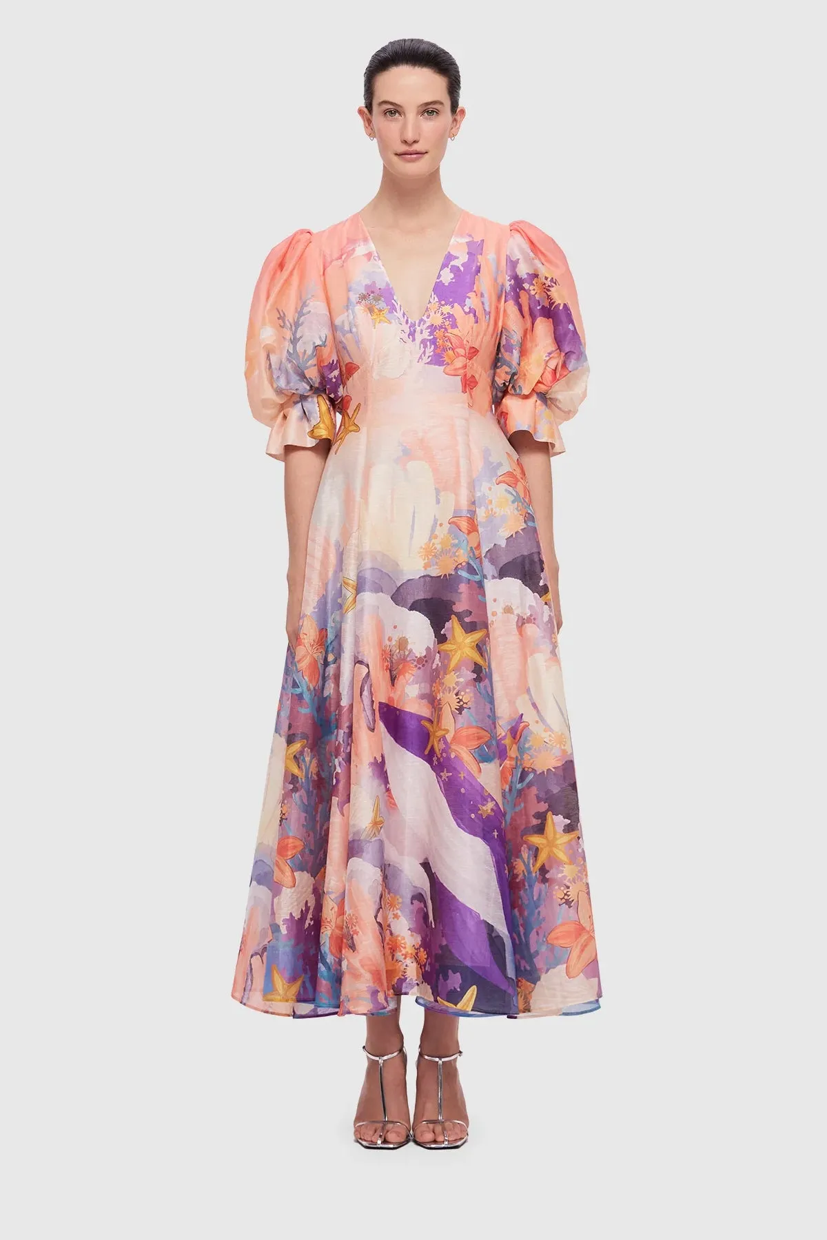 Leo Lin Lara V Neck Maxi Dress - Neptune Print in Coral