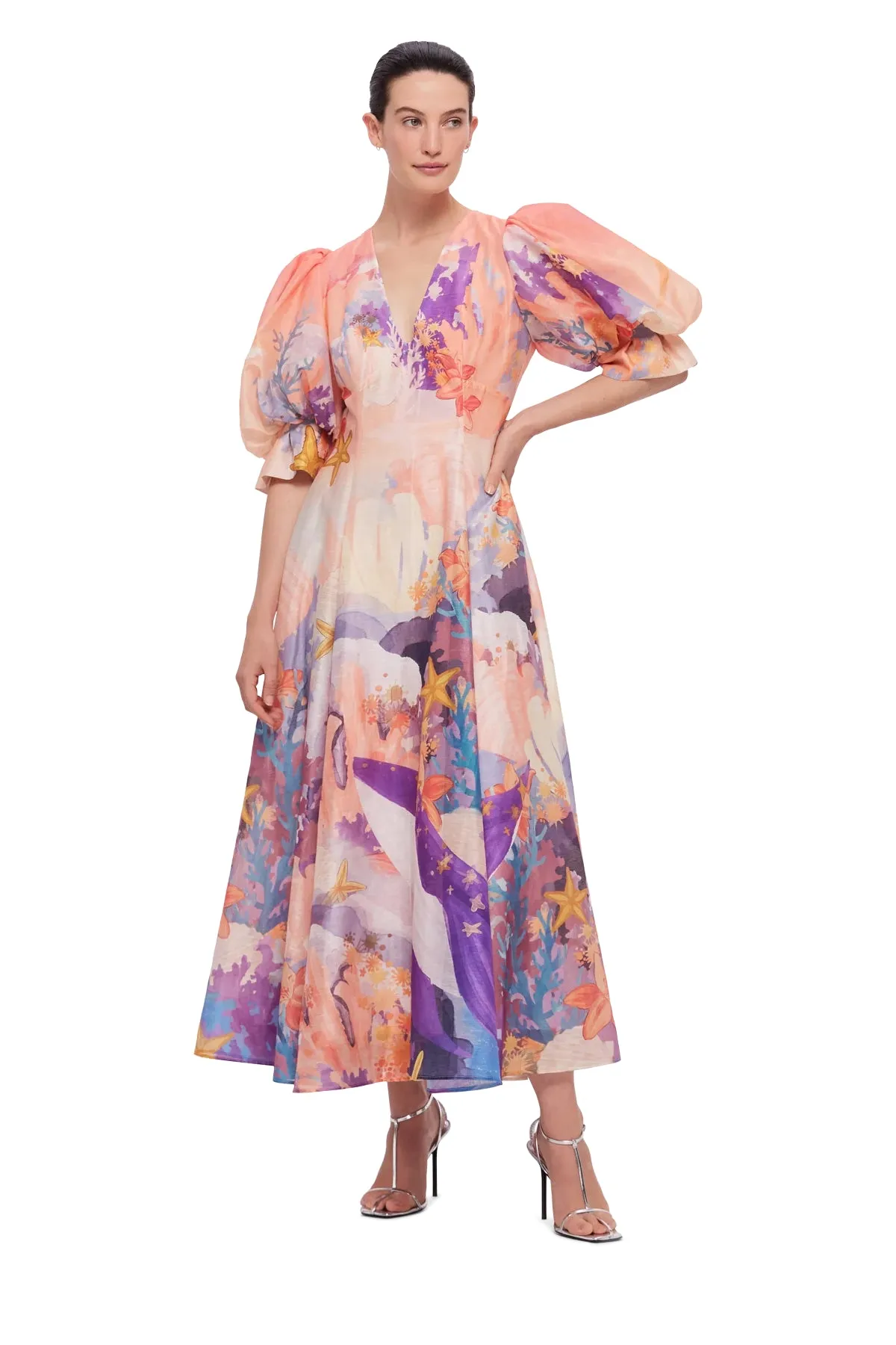 Leo Lin Lara V Neck Maxi Dress - Neptune Print in Coral