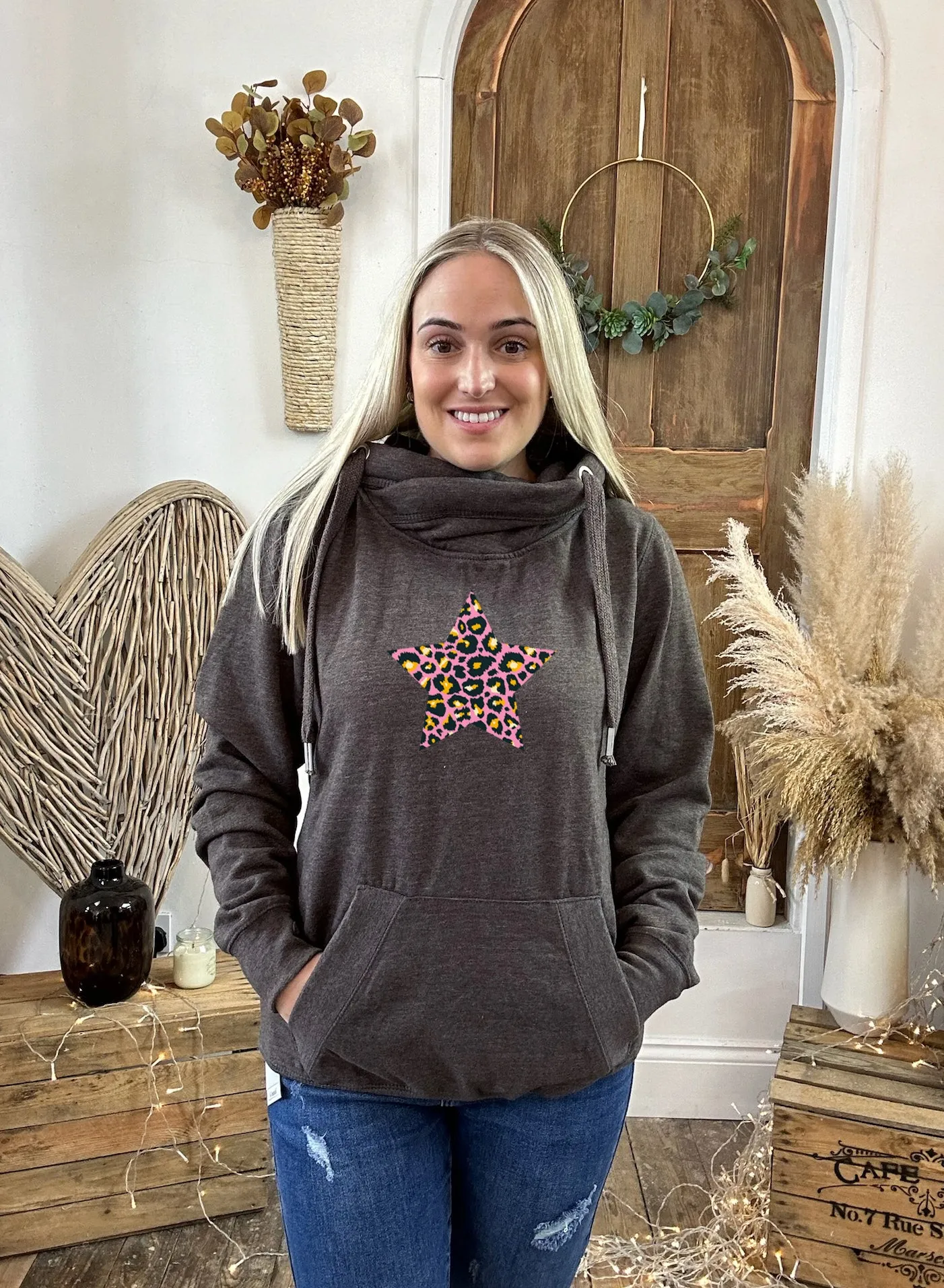 Leopard Pink Star Luxe Hoodie - Charcoal