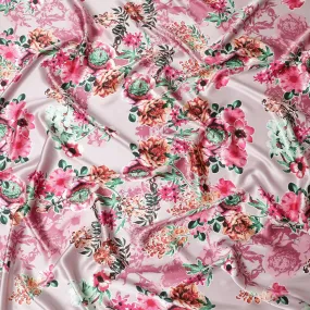 Light pink pure silk satin fabric with multicolor print in floral design-D11039