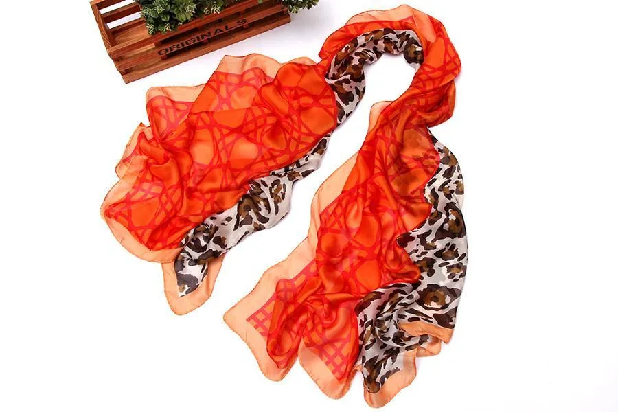 Long Chiffon Scarf Orange Theme Leopard Print CHL117