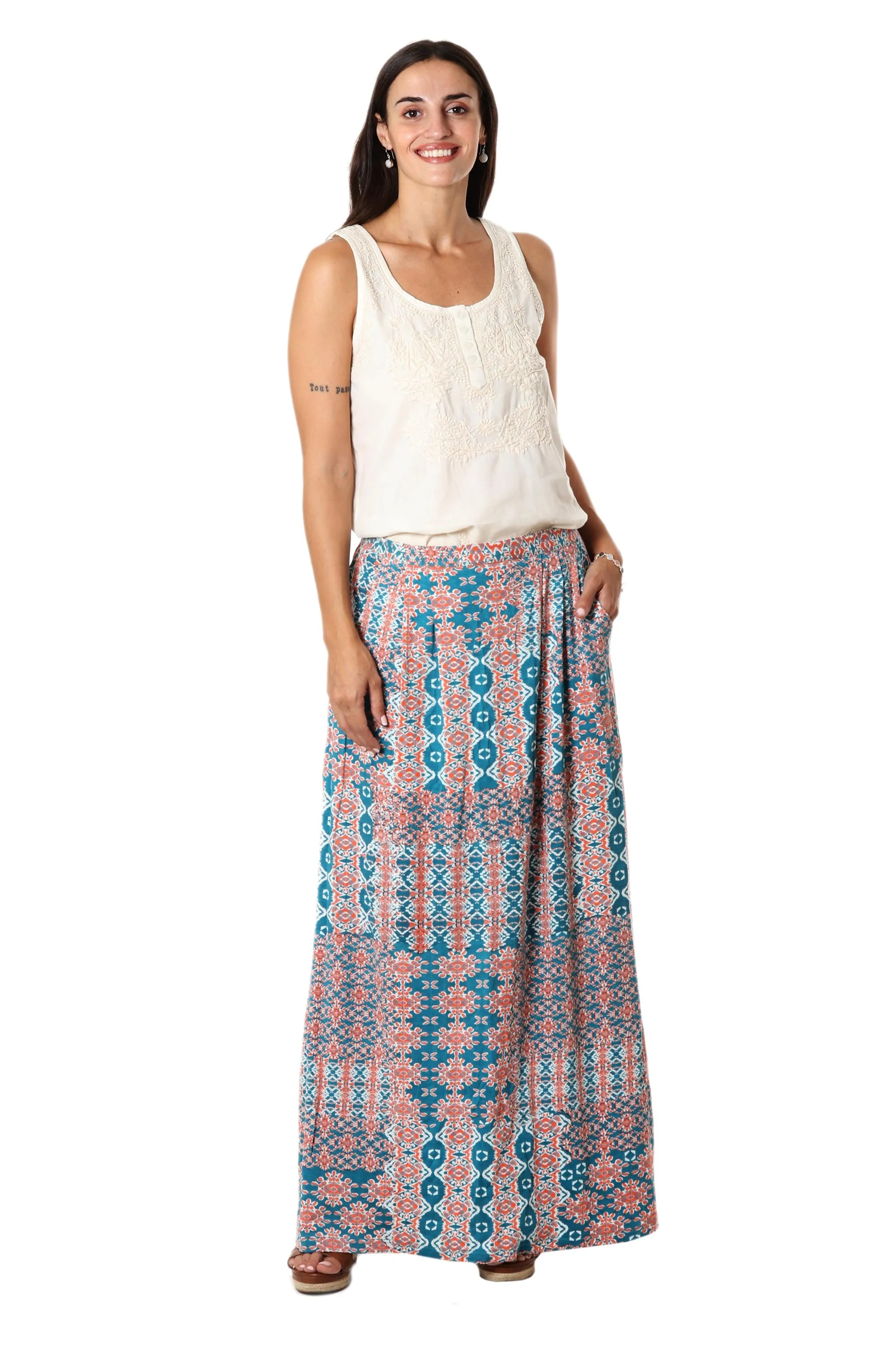 Long Viscose Print Skirt - Meena Bazaar in Teal | NOVICA