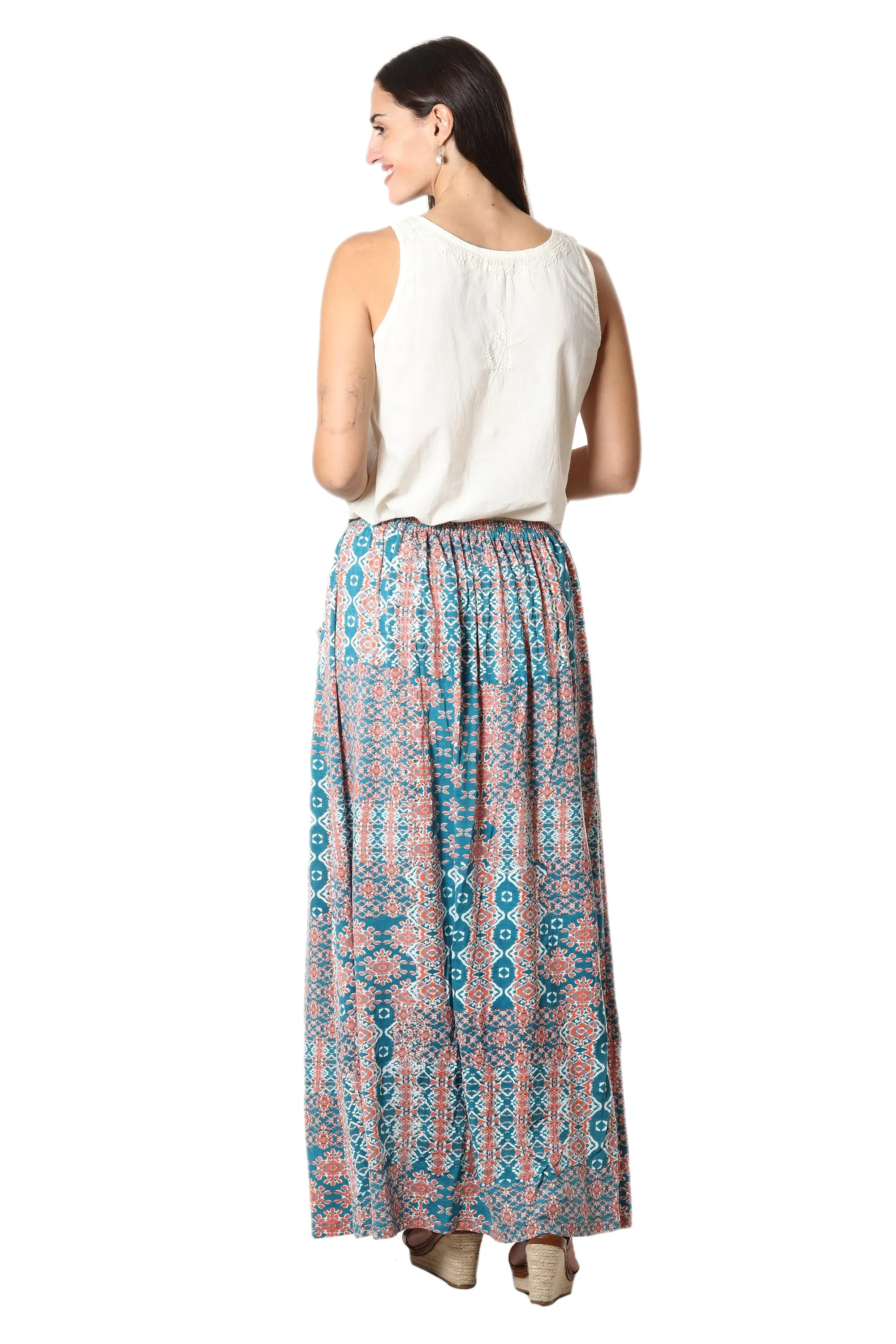 Long Viscose Print Skirt - Meena Bazaar in Teal | NOVICA