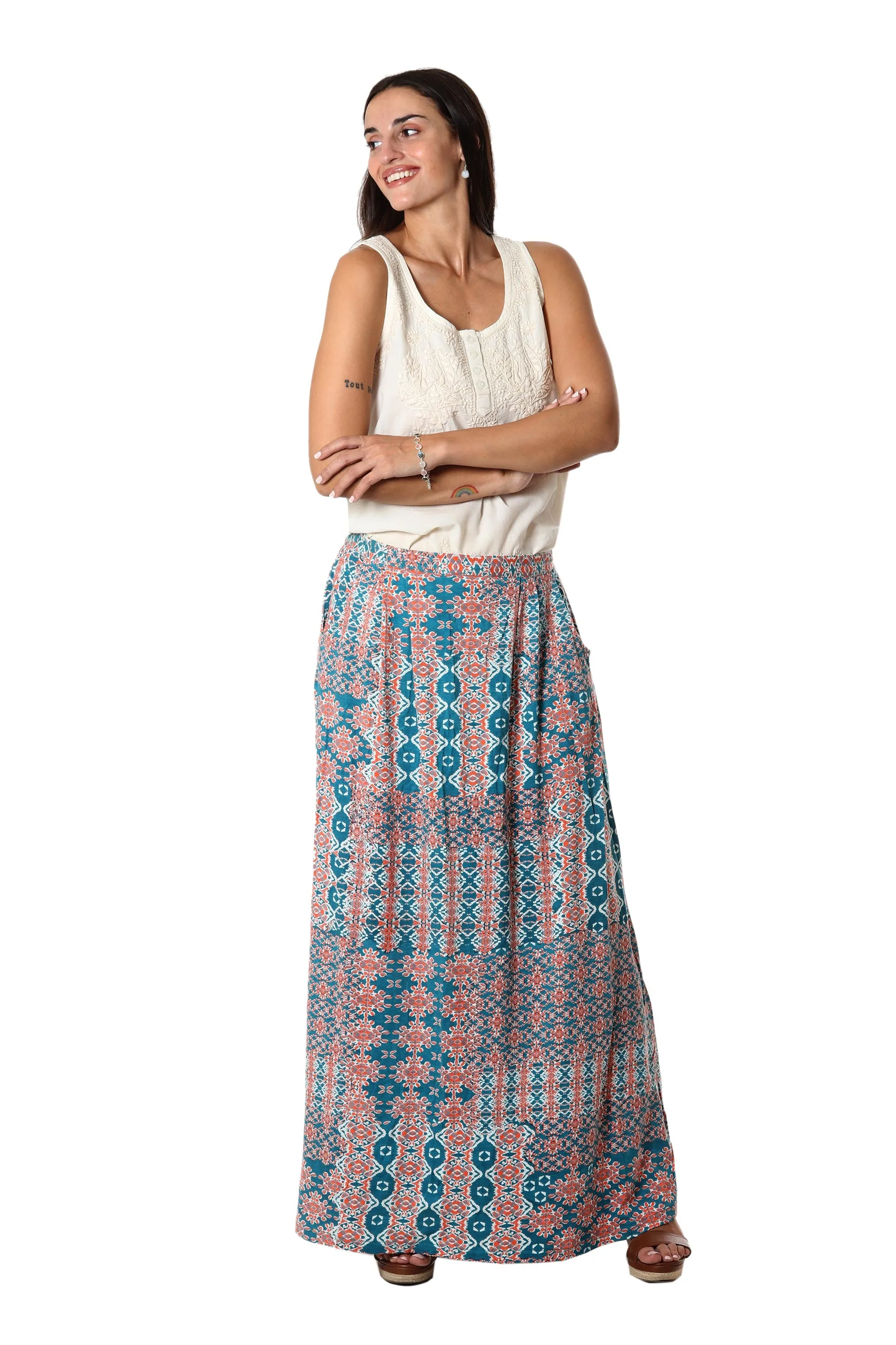 Long Viscose Print Skirt - Meena Bazaar in Teal | NOVICA