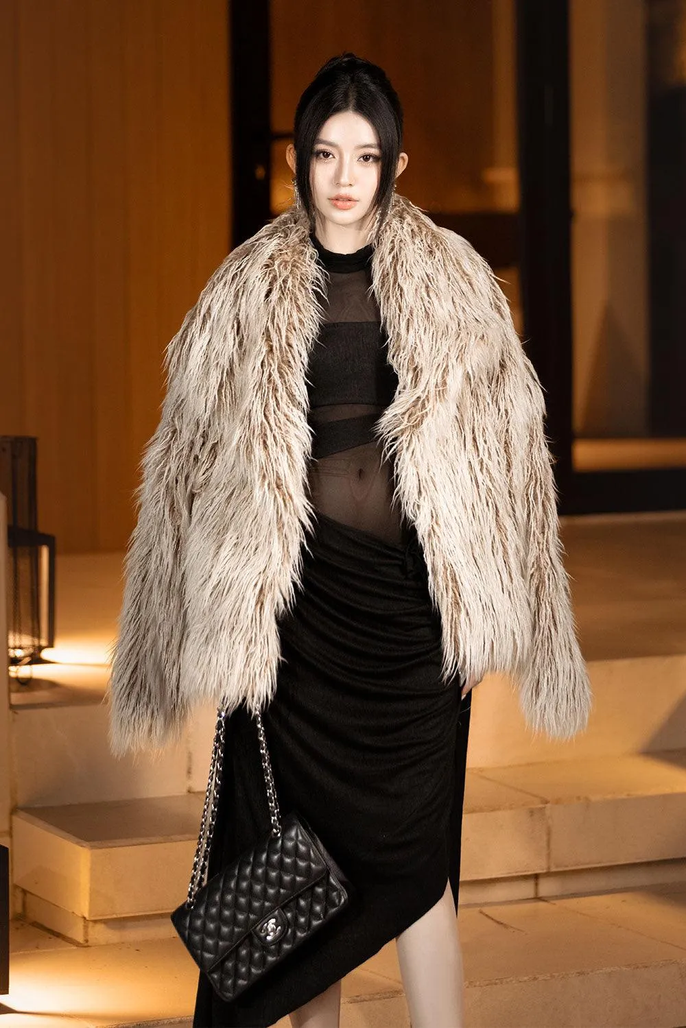 Luix Straight Long Sleeved Faux Fur Coat