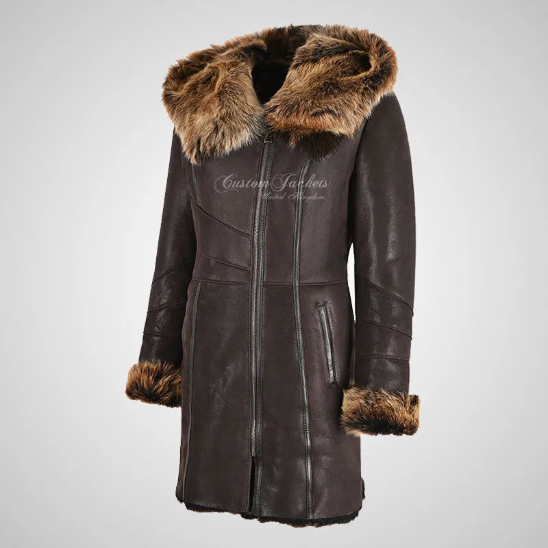 MARQUETTE Ladies Shearling Sheepskin Coat With Hood Long Haired Brown