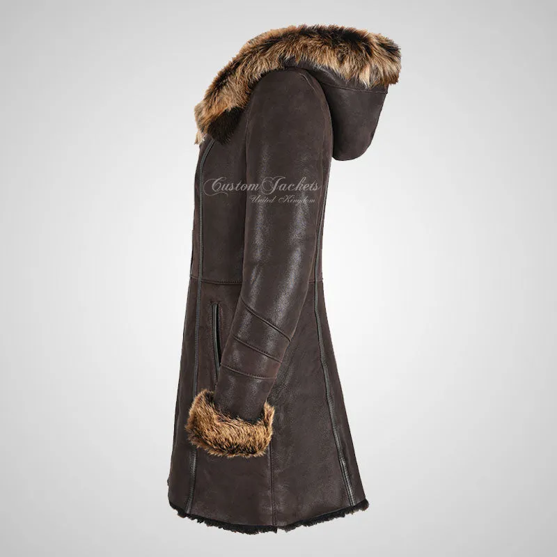 MARQUETTE Ladies Shearling Sheepskin Coat With Hood Long Haired Brown