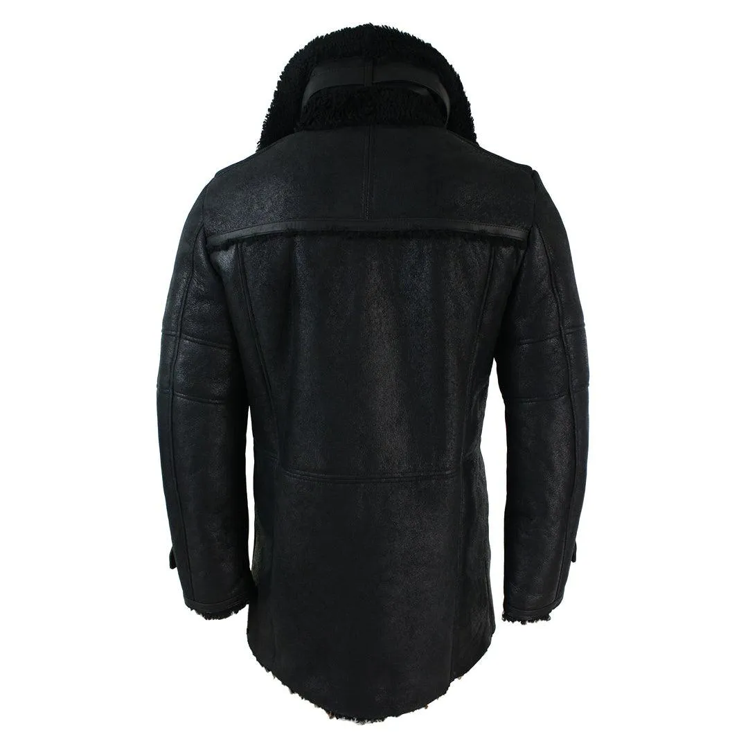 Mens Black 3/4 Military Real Sherling Sheepskin Batman Bane Double Breasted