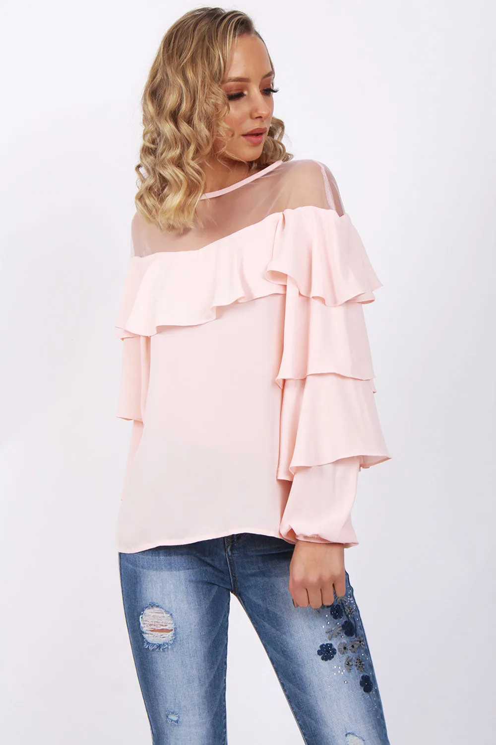 Mesh Ruffle Detail Blouse Top