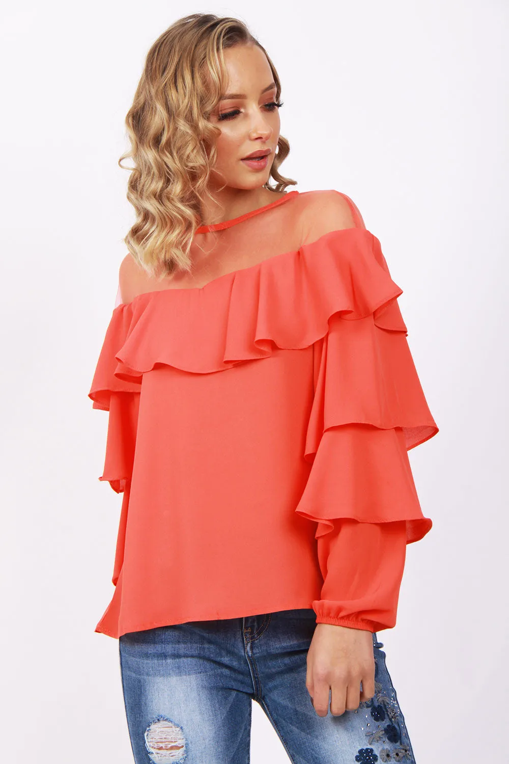 Mesh Ruffle Detail Blouse Top