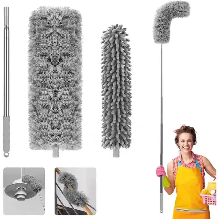 Microfiber Duster Extendable with 2m Extra Long Handle, Hand Duster, Bendable Head and Chenille Head, Washable Feather Dusters for Cleaning Cobwebs Ceilings Fans Cars