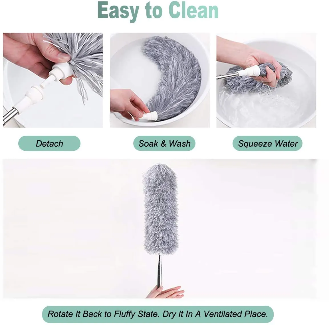 Microfiber Duster Extendable with 2m Extra Long Handle, Hand Duster, Bendable Head and Chenille Head, Washable Feather Dusters for Cleaning Cobwebs Ceilings Fans Cars