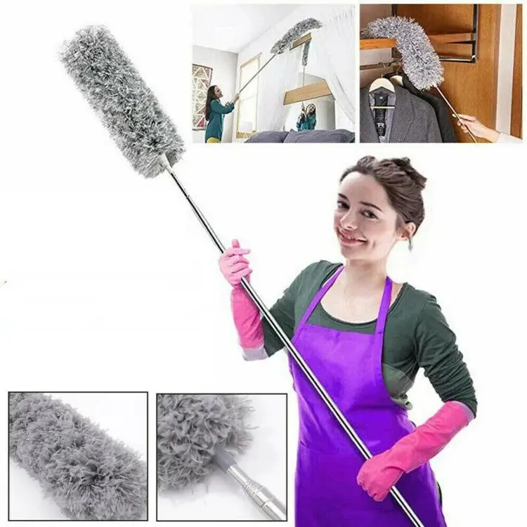 Microfiber Duster Extendable with 2m Extra Long Handle, Hand Duster, Bendable Head and Chenille Head, Washable Feather Dusters for Cleaning Cobwebs Ceilings Fans Cars