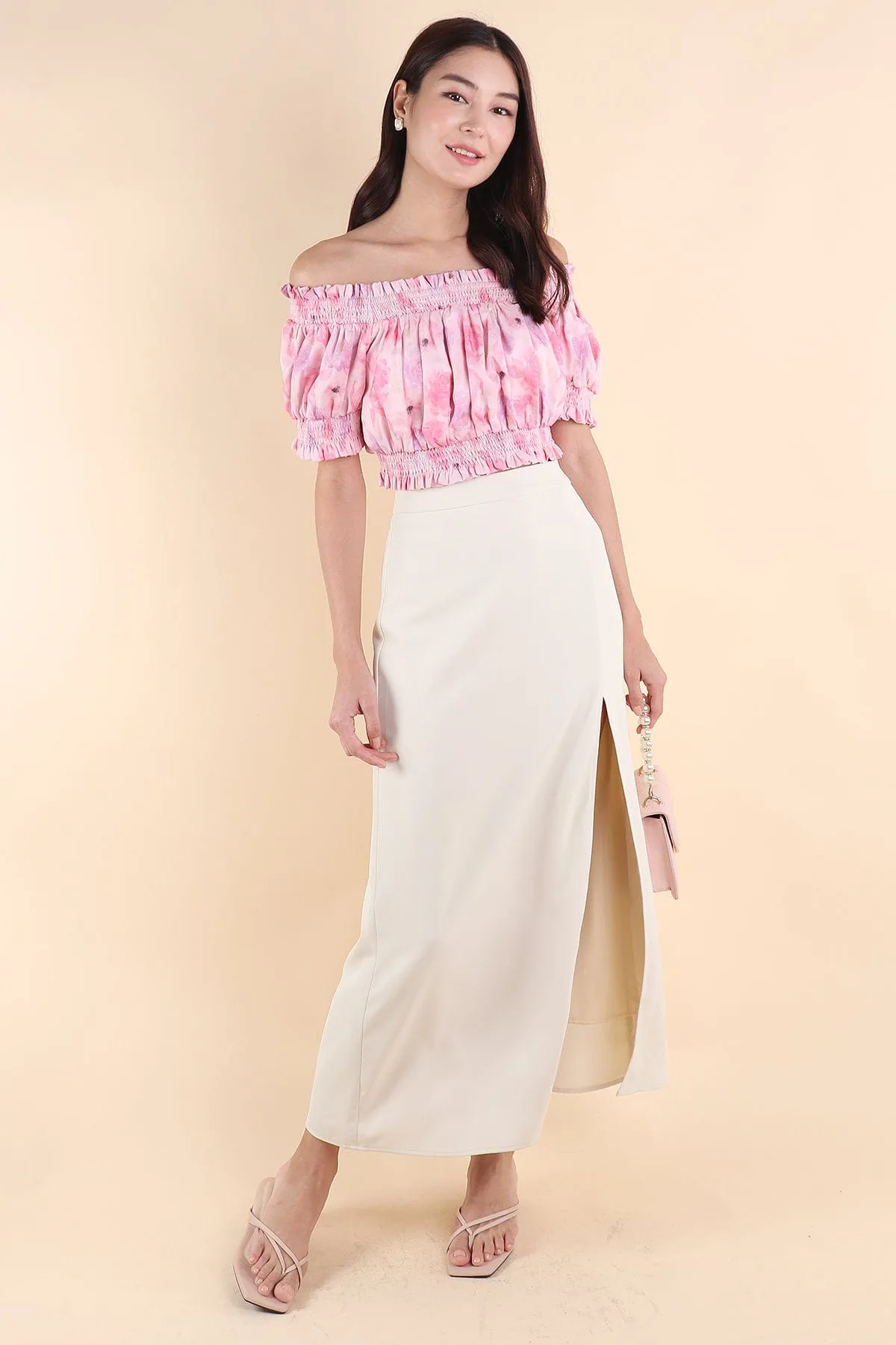 MINNIE SLIT MAXI SKIRT IN NUDE CREAM