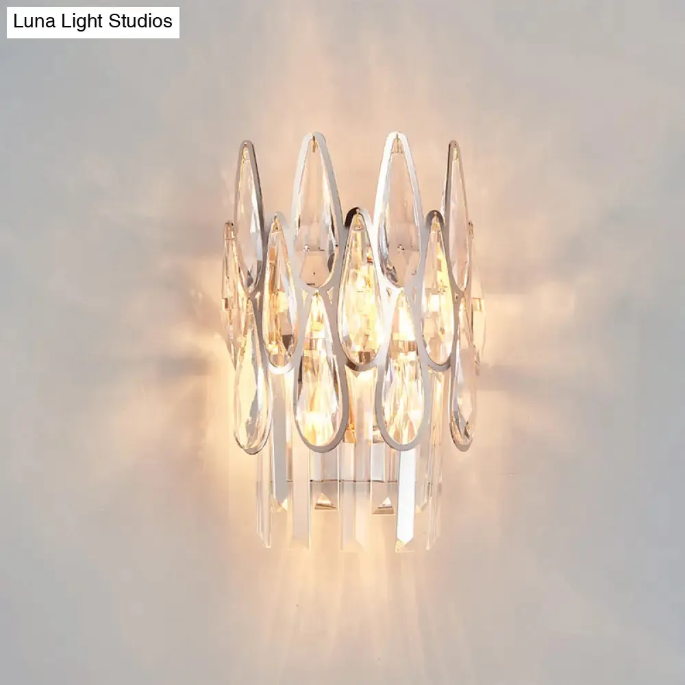 Modern Silver Double-Layered Wall Sconce with Clear Crystal Accents - 2 Lights