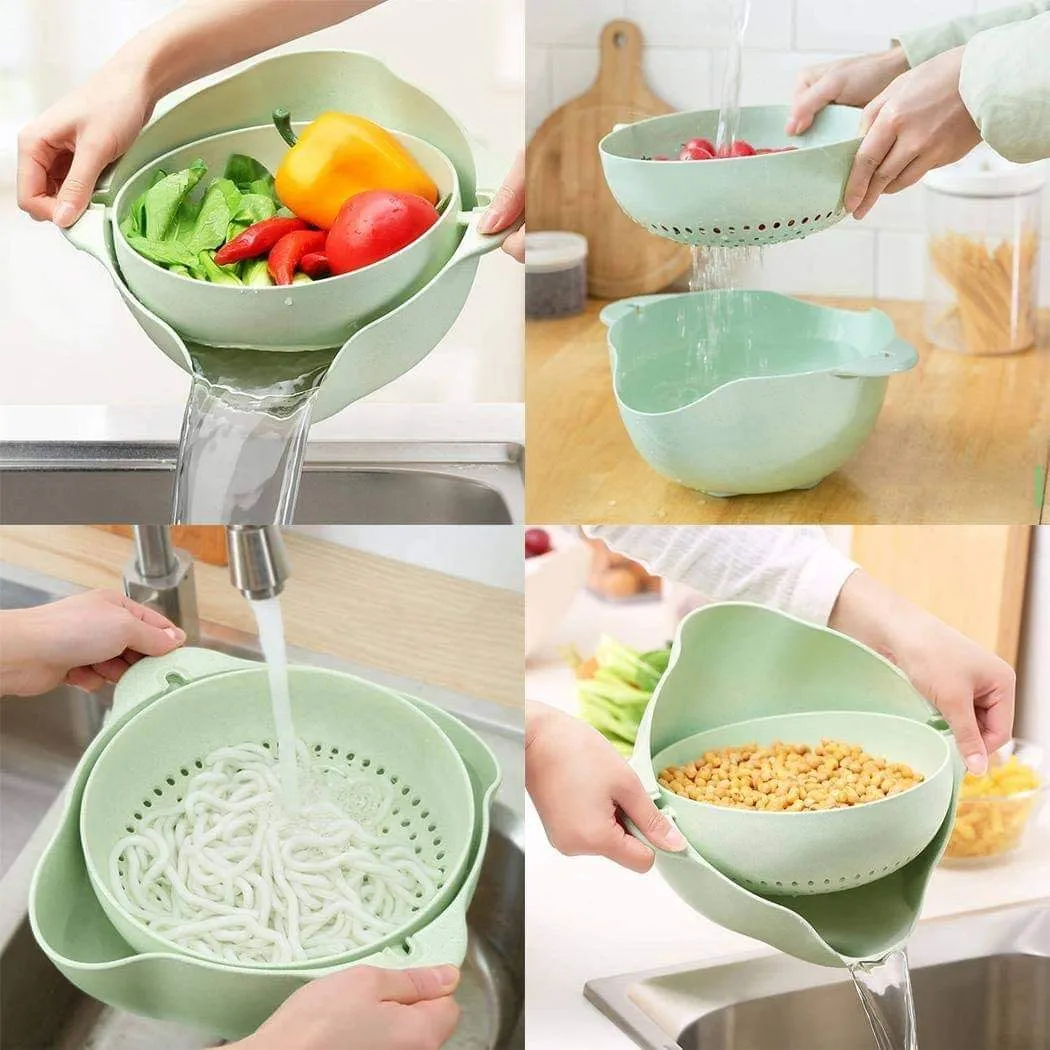 Multifunctional 2-in-1 Large Colander Strainer Wheat Straw Household Fruit Plate Plastic Rinse Fruit Vegetables Wash Basin Rice Bowl Drainer Kitchen Basket Washing Ice Bucket/Sink Storage