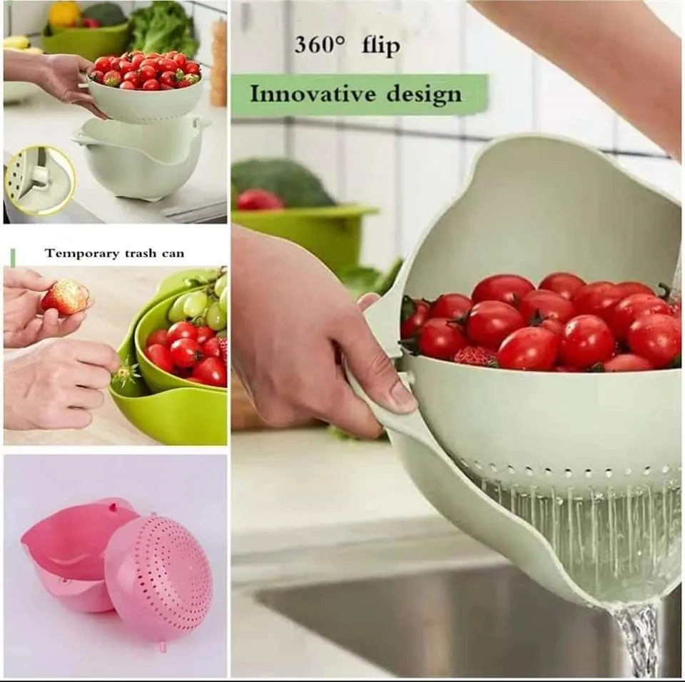 Multifunctional 2-in-1 Large Colander Strainer Wheat Straw Household Fruit Plate Plastic Rinse Fruit Vegetables Wash Basin Rice Bowl Drainer Kitchen Basket Washing Ice Bucket/Sink Storage