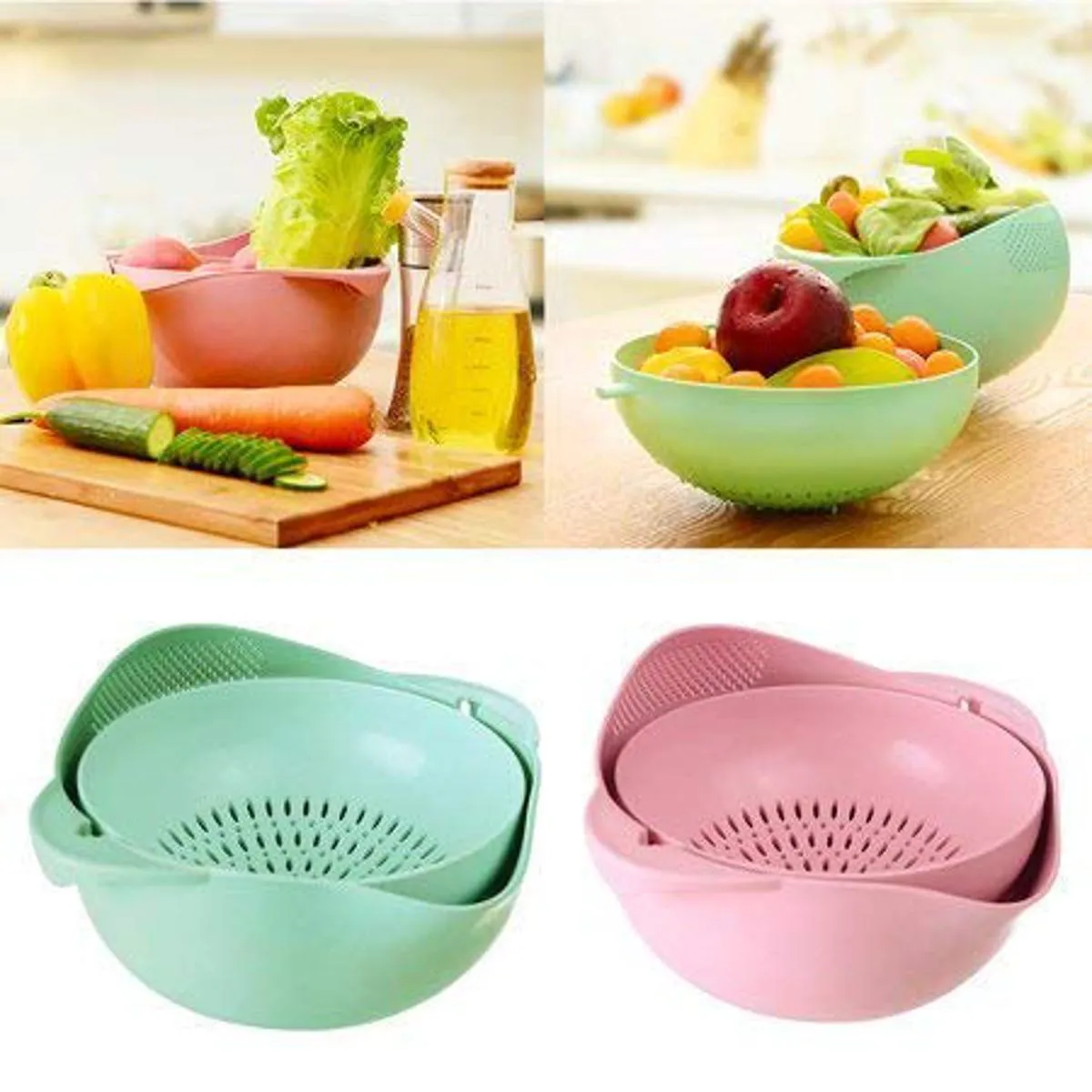 Multifunctional 2-in-1 Large Colander Strainer Wheat Straw Household Fruit Plate Plastic Rinse Fruit Vegetables Wash Basin Rice Bowl Drainer Kitchen Basket Washing Ice Bucket/Sink Storage