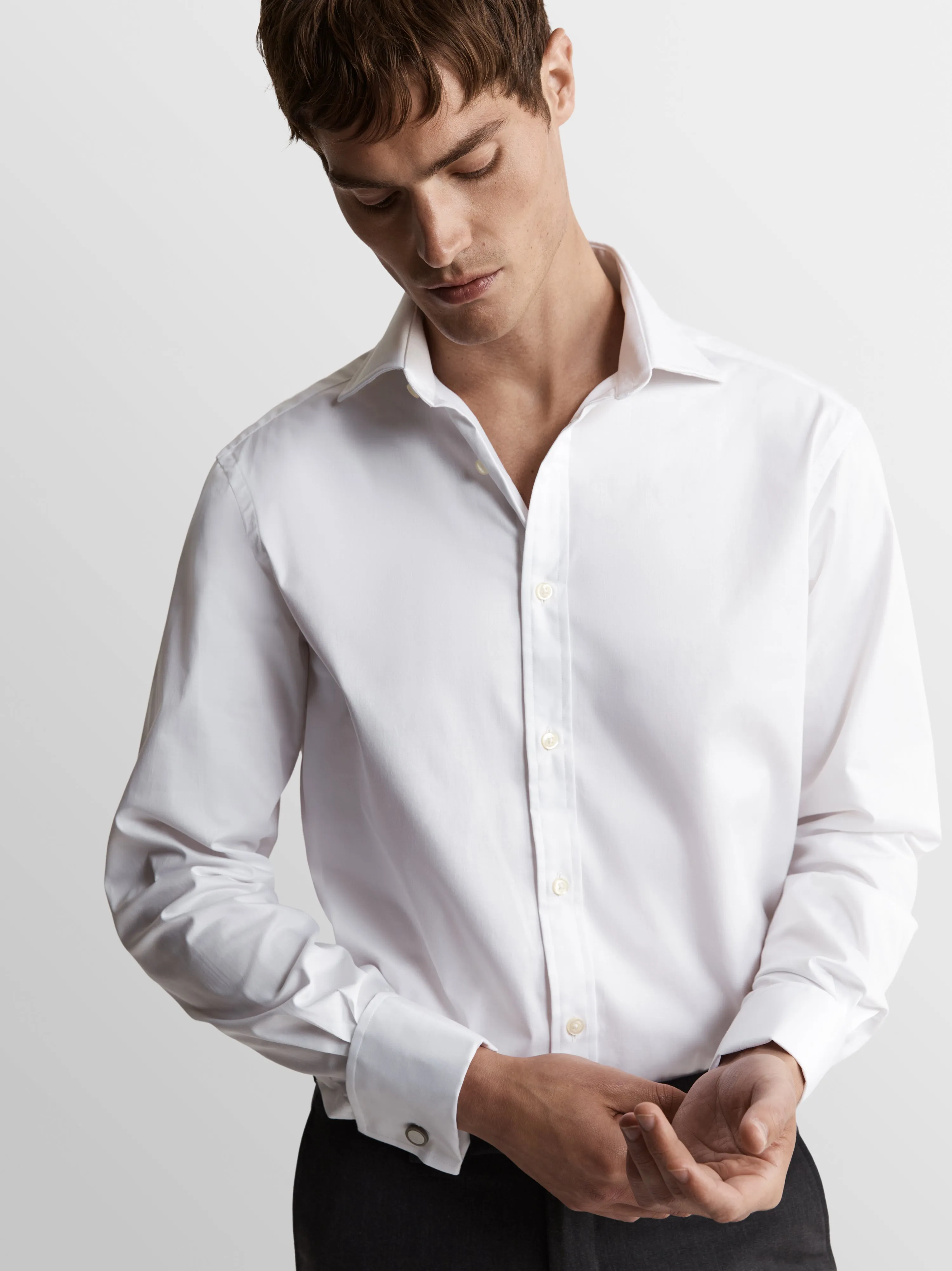 Non-Iron White Twill Fitted Double Cuff Classic Collar Shirt